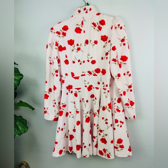 New Red Pink Roses Floral Red and White Fit & Flare Princess Pea Coat - Picture 9 of 11